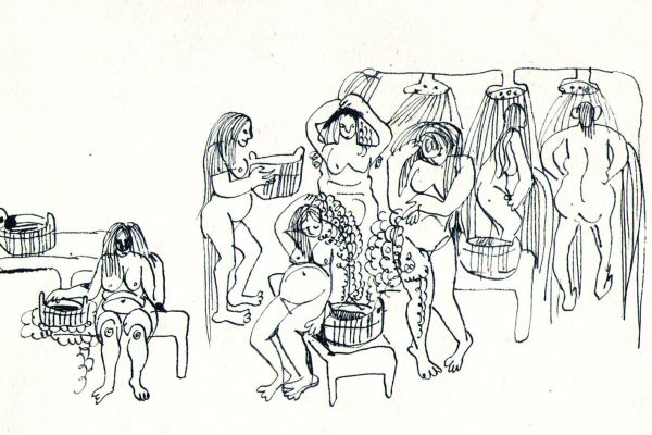 Валерия Семенова. ''В женской бане'', 1972. Бумага, перо, 16х26 см. Фото из архива Ирины Семеновой