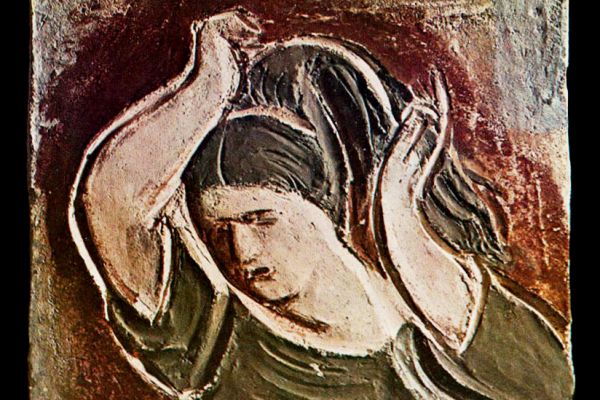 Абрам Малахин. Эскиз рельефа для крематория, 1965. Шамот, ангобы, 30х30 см. Фото из альбома Т.Б. Мантурова. Абрам Малахин, М., Советский художник, 1979