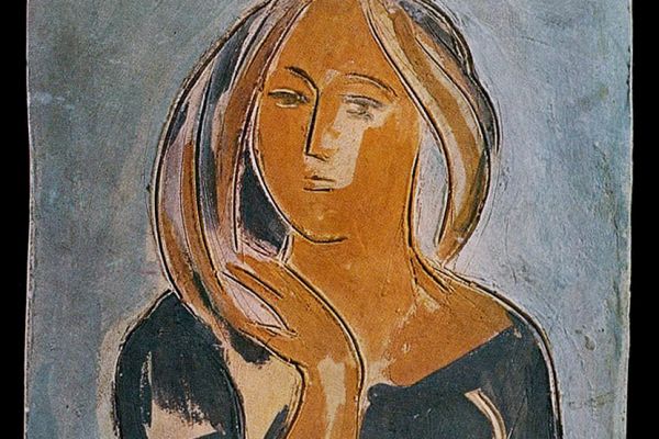 Абрам Малахин. За туалетом, 1965. Рельеф. Терракота, ангобы, 30х45 см. Фото из альбома Т.Б. Мантурова. Абрам Малахин, М., Советский художник, 1979