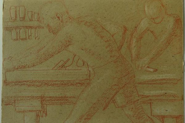 Сергей Кольцов. Политехнизация (Учебные мастерские), 1920-е - 1930-е. Из серии Соцкультбыт. Картон, сангина, мел, 32х45,5 см. Государственный исторический музей, Москва