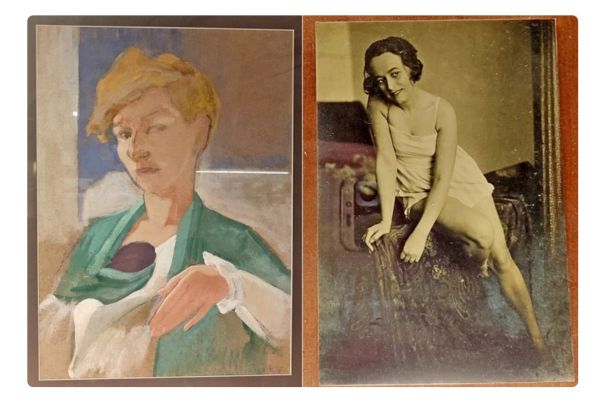 Сергей Кольцов. Портрет жены (А.Г. Кольцова-Бычкова, 1927. Картон, белила. Из собрания А. Балашова. Александра Бычкова, 1920-е. Из собрания Государственной Третьяковской галереи, Москва. Фрагмент экспозиции выставки Между Парижем и Москвой в Музее Москвы, 2025 год. Фото: bogachkova1957.livejournal.com