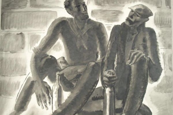 Сергей Кольцов. Обед рабочих на Сене, 1928-1930. Бумага, акварель, 48,6х62,3 см. Рыбинский государственный историко-архитектурный и художественный музей-заповедник, Ярославская область