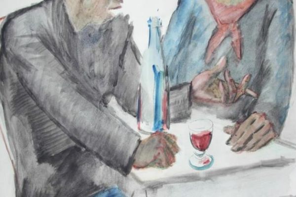 Сергей Кольцов. Рабочие в обеденный перерыв. Париж, 1928-1930. Бумага на картоне, акварель, 63,5х50 см. Ярославский художественный музей