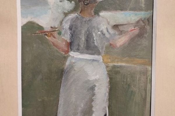 Сергей Кольцов. Шура за работой (жена А.Г. Кольцова- Бычкова), 1930-е. Картон, масло. Собрание семьи художников Кольцова- Бычковой. фрагмент экспозиции выставки Между Парижем и Москвой в Музее Москвы, 2025 год. Фото: bogachkova1957.livejournal.com