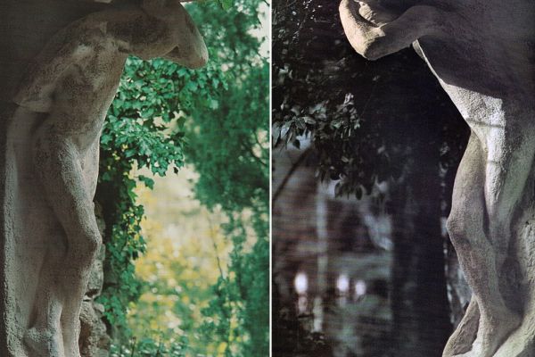 Александр Матвеев.''Атланты, поддерживающие мостик'' (ракурсы), 1908-1910. Цемент, размер каждой фигуры - 155х52х63 см. Парк бывшего имения Я.Е. Жуковского. Парковое, Крым. Фото Д.В. Белоуса из альбома: Е.Б. Мурина. Александр Матвеев. М., 1979