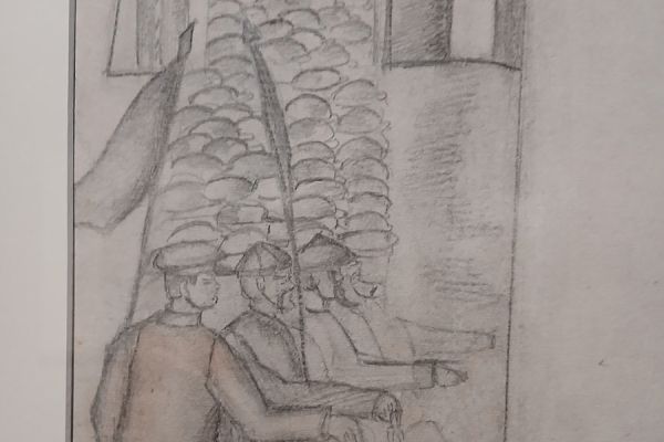 Беатриса Сандомирская. Эскиз панно 3, 1920-е. Бумага, карандаш графитный, карандаш цветной, сангина.  Государственный Русский музей, С.-Петербург. Экспозиция персональной выставки Беатрисы Сандомирской в ГМИИ имени А.С. Пушкина, Москва, 2026