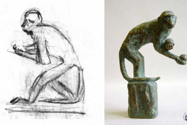 Алексей Цветков. Обезьяна с апельсинами, 1995, 1997. Бумага, карандаш; бронза, 17х12х6 см