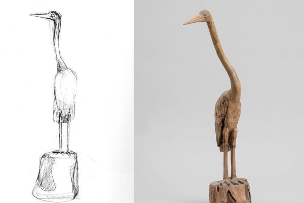 1995 Цапля, 1995. Бумага, карандаш; дерево, 70х20х18 см. Скульптура находится в собрании В. Мешалкина