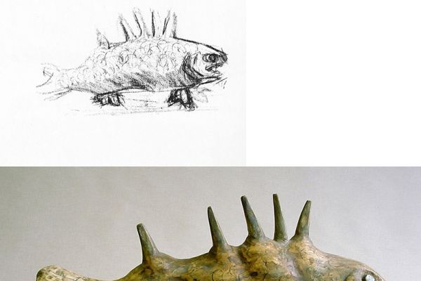 Алексей Цветков. Рыба большая, 1998. Бумага, карандаш; дерево, 25х55х13 см. Скульптура находится в собрании Ю. Якутина, Москва