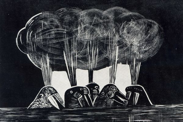 Александр Белашов. Фонтаны горячего воздуха над моржами в море, 1972. Бумага, линогравюра. Чукотка. Фото из архива А.А. Белашова