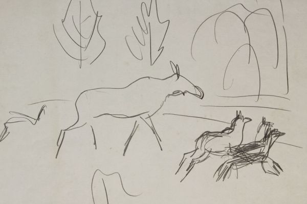 Александр Белашов. Лосиха с лосятами, 1997. Бумага, карандаш. Набросок в Клещинах Новгородской области. Фото из архива А.А. Белашова