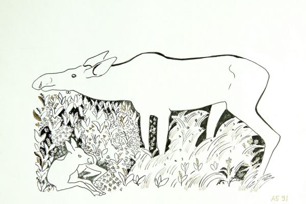 Александр Белашов. Лосиха с лосенком, 1991. Бумага, тушь. Фото из архива А.А. Белашова