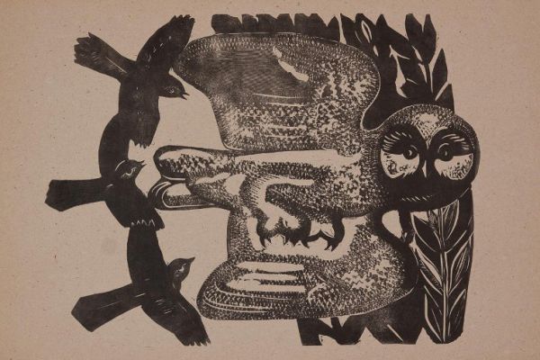 Александр Белашов. Изгнание совы, 1960-е. Бумага, линогравюра, 57х80 см, 47х62 см. Волгоградский музей изобразительных искусств имени И.И. Машкова